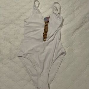 NWT Refuge one piece swimsuit knotty lace down gold crisscross accent low cut M